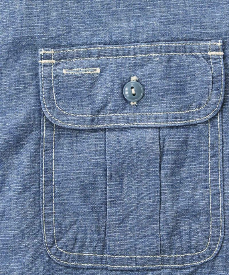 SJ091 出陣シャンブレーワークシャツ ID　ミリタリーテイストのあるマチ付きポケット