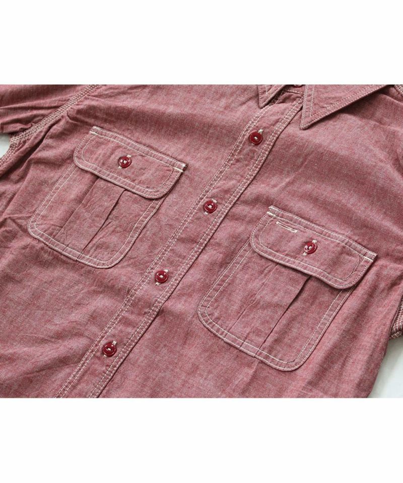 SJ091 出陣シャンブレーワークシャツ ミリタリーテイストのフラップ仕様のマチ付きポケット