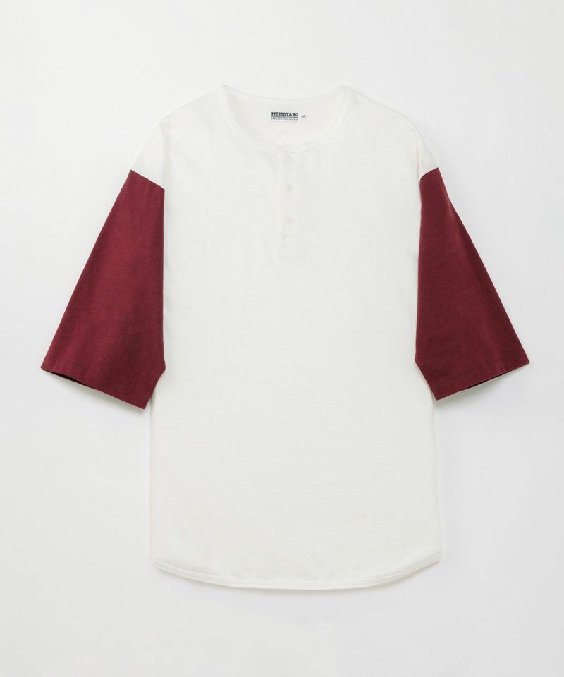五分袖ヘンリーネック・ベースボールTシャツ　WHT × BUR