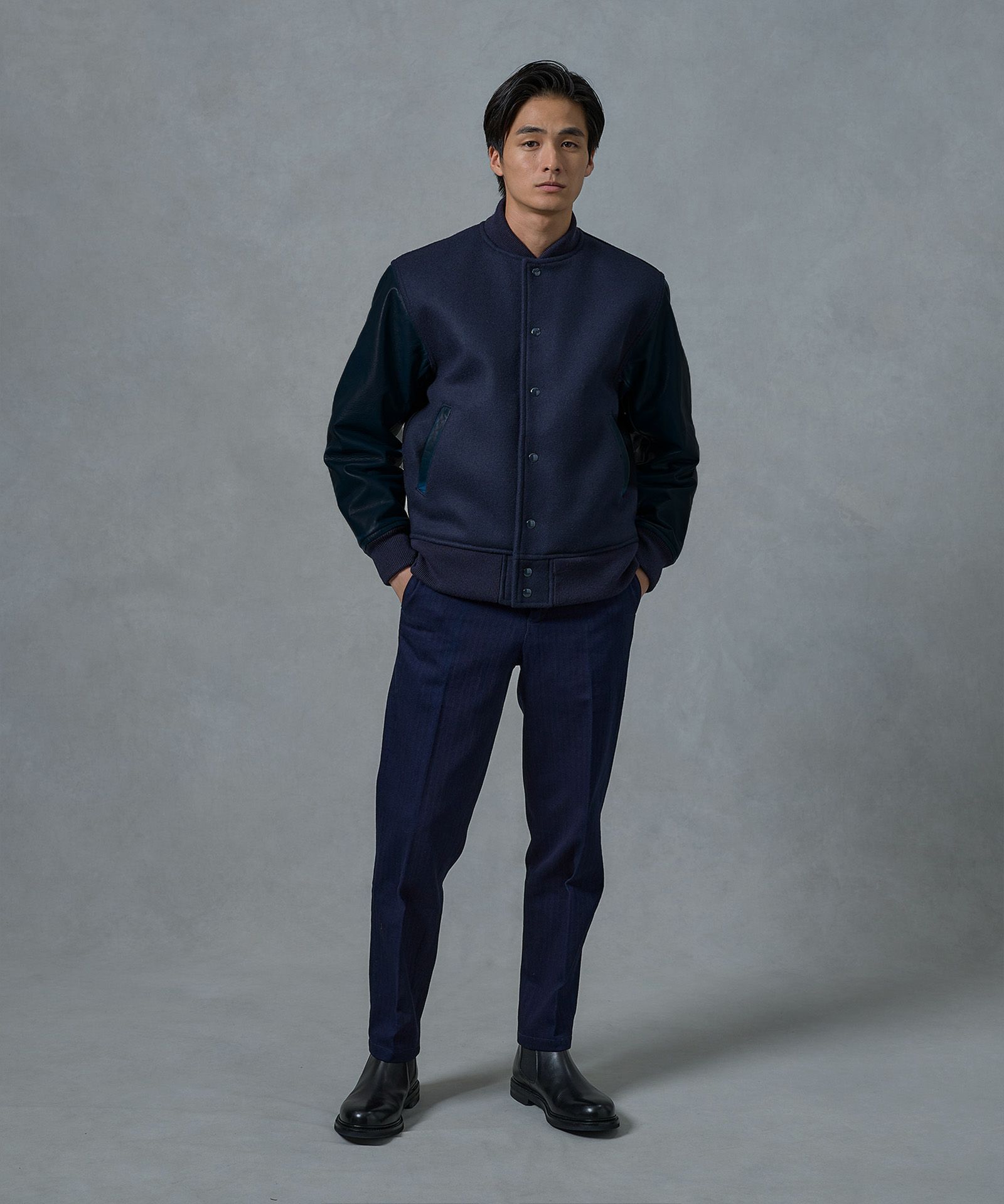 桃太郎JEANS】HEAVY MELTON x INDIGO LEATHER VARSITY JACKET | デニム 